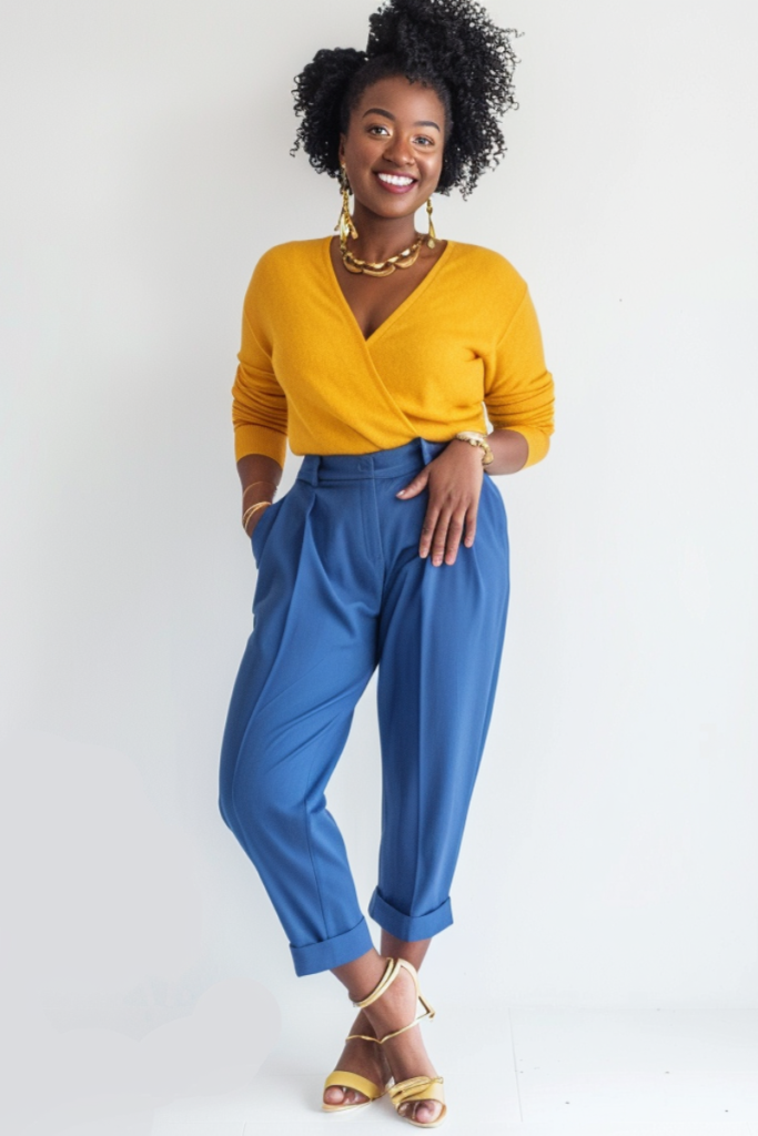 A woman using 2 colours to achieve colour blocking which is blue trousers and a yellow top.