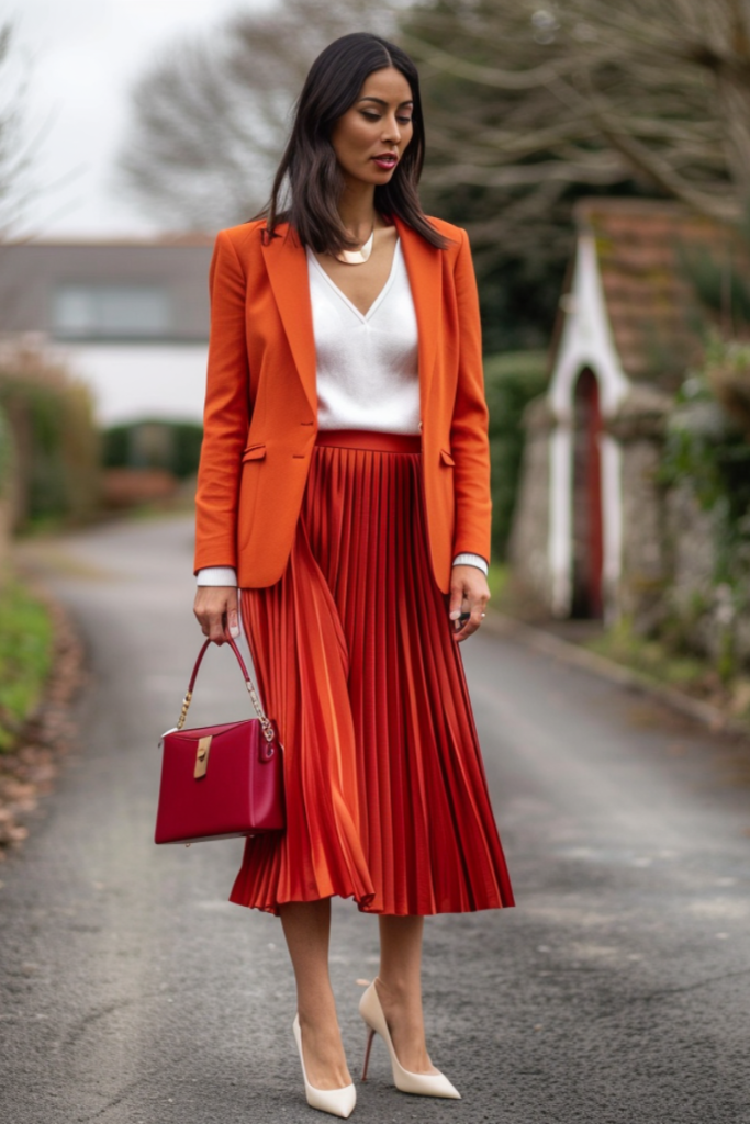 A woman who is using the colour blocking technique and wearing matching skirt and blazer