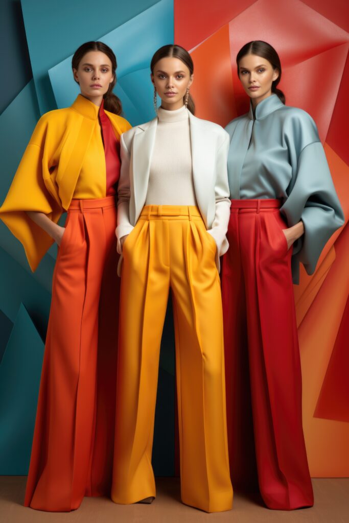 Three models wearing colourful pants and jackets